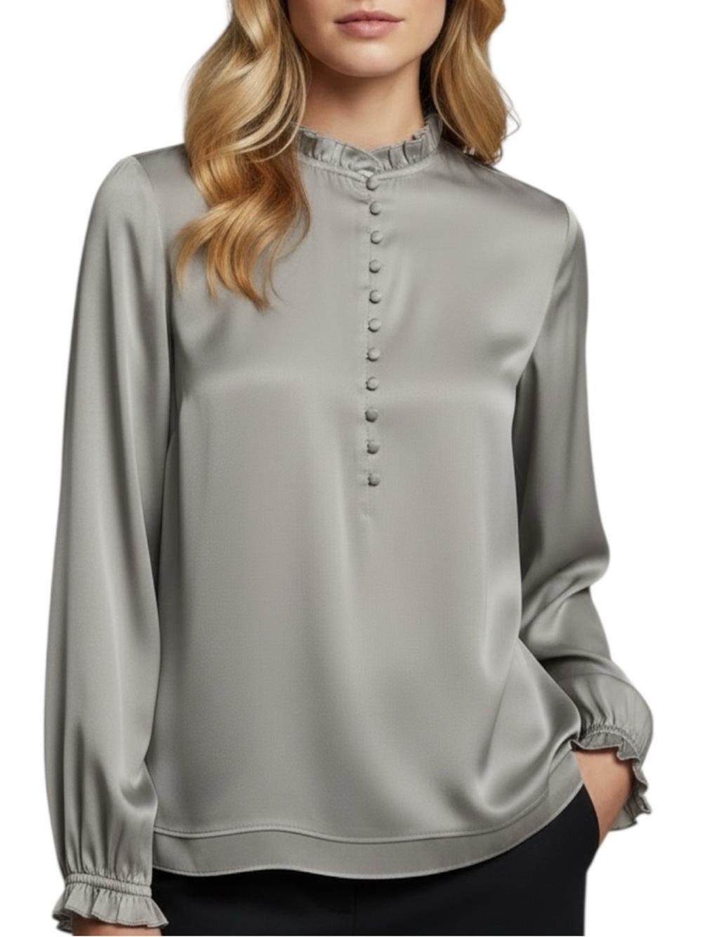 NWT WHITE HOUSE BLACK MARKET Gray Satin Button Front Long Sleeve Blouse size 8